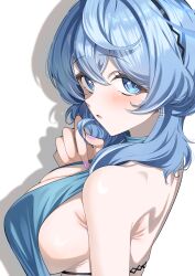 1girl absurdres ako_(blue_archive) ako_(dress)_(blue_archive) backless_dress backless_outfit blue_archive blue_dress blue_hair blue_halo blue_nails blush breasts cleavage commentary_request dress earrings fingernails from_side halo highres ito_(ito577) jewelry looking_at_viewer medium_hair nail_polish official_alternate_costume sideboob sideless_dress simple_background smile solo upper_body white_background