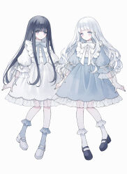 2girls absurdres black_hair black_shoes blue_dress blue_nails blue_ribbon blue_socks blush closed_mouth commentary_request dress eyelashes frilled_dress frilled_sleeves frilled_socks frills full_body grey_eyes highres long_hair long_sidelocks long_sleeves mary_janes matching_outfits multiple_girls neck_ribbon original reverse_palettes ribbon see-through_frills shoes sidelocks simple_background socks tareme ting_(tingiiio) white_background white_dress white_hair white_ribbon white_shoes white_socks