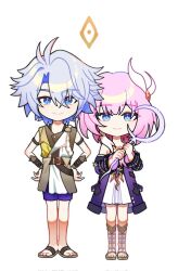 Rule 34 | 1boy, 1girl, ahoge, ceremonial blade (honkai: star rail), coat, commentary, cyrene (honkai: star rail), dress, full body, hair ornament, highres, holding, holding staff, honkai: star rail, honkai (series), jewelry, loelyu126161, medium hair, multicolored hair, necklace, phainon (honkai: star rail), pink hair, purple coat, purple shorts, sandals, shirt, shorts, simple background, smile, staff, toes, two-tone hair, white background, white dress, white hair, yellow shirt