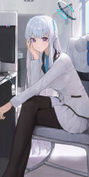 Rule 34 | 1girl, absurdres, black pantyhose, blue archive, blue necktie, chair, closed mouth, crossed legs, halo, highres, jacket, jianjia, long hair, long sleeves, looking at viewer, mechanical halo, necktie, noa (blue archive), on chair, pantyhose, purple eyes, sitting, smile, solo, white hair, white halo, white jacket