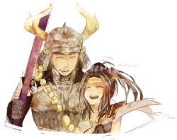 Rule 34 | armor, black hair, fake horns, father and daughter, hand on another&#039;s head, helmet, honda tadakatsu, horned helmet, inahime, parted bangs, polearm, ponytail, sengoku musou, smile, spear, weapon