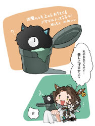 !? 1girl :d ? ^^^ animal_ears braid brown_hair carbuncle_(reverse:1999) chibi collared_shirt creature cup deer_ears deer_girl ear_tag flower green_eyes hair_flower hair_ornament hair_over_shoulder hands_up highres holding holding_cup in_container in_cup jessica_(reverse:1999) kaeru_(uj26cobrsv) long_hair looking_at_creature multiple_views open_mouth reverse:1999 shirt single_braid single_sleeve_past_fingers smile spoken_interrobang translation_request upper_body white_background white_flower white_shirt |_|