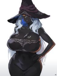1girl bare_shoulders black_dress breasts cleavage colored_skin cowboy_shot dark-skinned_female dark_skin dress elden_ring elden_ring_nightreign fukuya_art hand_on_own_hip hat highres huge_breasts large_hat long_hair recluse_(elden_ring) ring_light_reflection skindentation smile solo very_long_hair white_background white_hair wide_hips witch witch_hat yellow_eyes