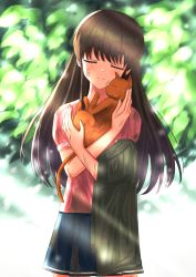 1girl animal blue_skirt brown_hair cat closed_eyes day dirty fruits_basket highres holding holding_animal holding_cat honda_tooru long_hair morebi outdoors pink_shirt shirt short_sleeves skirt sohma_kyou standing sunlight very_long_hair