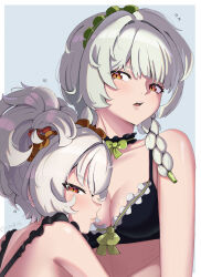 2girls absurdres anby_demara anby_demara_(silver_soldier) braid breasts cmakin grey_hair hair_between_eyes hairband highres looking_at_viewer medium_breasts multiple_girls orange_eyes ponytail short_hair simple_background soldier_11_(zenless_zone_zero) white_hair yellow_eyes zenless_zone_zero