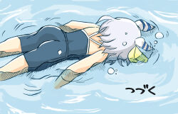 1girl afloat ass blue_one-piece_swimsuit bubble competition_school_swimsuit ear_covers ear_ornament artistic_error face_down grey_hair gundam gundam_wing highres hishi_miracle_(umamusume) horse_girl medium_hair no_tail one-piece_swimsuit parody partially_submerged scene_reference school_swimsuit shikararemimi solo swimsuit to_be_continued tracen_swimsuit translated umamusume