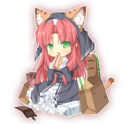 1girl animal_ears bag bread cat_ears cat_tail chibi dress eating eiyuu_densetsu falcom female_focus food frills full_body green_eyes kemonomimi_mode kneeling long_hair milk_carton no_nose nun red_hair ries_argent sandwich saru solo sora_no_kiseki tail veil white_background