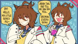 1girl absurdres agnes_tachyon_(umamusume) ahoge animal_ears blue_necktie brown_hair coat commentary ear_tag english_commentary english_text grin highres holding_potion horse_ears horse_girl lab_coat lilpoplil2468 multiple_views necktie red_eyes short_necktie smile speech_bubble sweater umamusume white_coat yellow_sweater