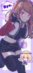 1boy 1girl :o aikatsu! aikatsu!_(series) belt black_shirt black_shorts black_socks black_thighhighs blonde_hair bow braid chibi cosplay crown_braid fatal_fury fingerless_gloves fire garou:_mark_of_the_wolves gloves grid_background hair_bow highres jacket long_hair looking_at_viewer navel obaa-chan_(golden_retriever) orange_hair ozora_akari pink_bow pink_eyes purple_fire red_eyes red_jacket rock_howard rock_howard_(cosplay) shirt short_hair short_shorts shorts simple_background snk socks tagalog_text the_king_of_fighters thighhighs vest wings
