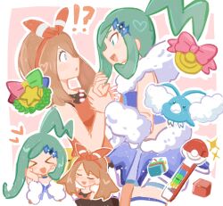 !? &gt;_&lt; 2girls :d :o arm_warmers blue_eyes blue_skirt blush bow bow_hairband brown_hair closed_eyes crop_top gen_3_pokemon green_hair hair_bow hair_ornament hairband han0579 heart highres holding_another&#039;s_wrist lisia_(pokemon) looking_at_another may_(pokemon) multiple_girls multiple_views nintendo open_mouth pokeblock pokeblock_case pokemon pokemon_(creature) pokemon_contest_medal pokemon_oras ponytail red_bow red_hairband red_shirt shirt showgirl_skirt skirt sleeveless sleeveless_shirt smile swablu sweatdrop upper_body xd yuri