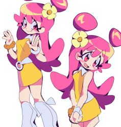 1girl :d ami_onuki belt boots bracelet closed_mouth double_bun dress feet_out_of_frame flower hair_bun hair_flower hair_ornament hi_hi_puffy_amiyumi highres jewelry knee_boots long_hair open_mouth pink_eyes pink_hair simple_background smile standing yen0028