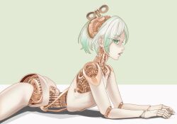 Rule 34 | 1girl, absurdres, automaton, cecilia immergreen, clockwork, drawingdeebop, exposed internal machinery, gears, green eyes, green hair, grey hair, highres, hololive, hololive english, joints, looking at viewer, mechabare, multicolored hair, robot, robot girl, short hair, solo, streaked hair, virtual youtuber, winding key