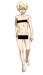 Rule 34 | 1boy, absurdres, androgynous, annoyed, bar censor, bishounen, blonde hair, censored, completely nude, eyeliner, full body, hand on own hip, high school boy, highres, hong iltak, makeup, male focus, male with breasts, nude, open mouth, parkgee, puffy chest, red eyeliner, red eyes, sanpaku, short hair, simple background, solo, trap, white background
