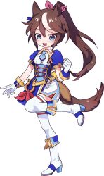 1girl :d animal_ears blue_eyes blue_necktie boots brown_hair brown_tail chinese_commentary commentary_request full_body gloves hair_between_eyes high_heel_boots high_heels highres horse_ears horse_girl horse_tail knee_boots leg_up long_hair looking_at_viewer multicolored_hair necktie open_mouth short_necktie short_sleeves simple_background smile solo standing standing_on_one_leg streaked_hair tail thighhighs tokai_teio_(umamusume) transparent_background umamusume white_boots white_gloves white_hair white_thighhighs yuyuyu746141