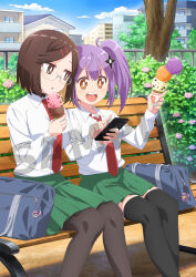 2girls alternate_costume bag bench black_choker black_pantyhose black_thighhighs brown_eyes brown_hair building bush choker collared_shirt glasses green_skirt hair_ornament hairclip holding holding_ice_cream_cone ice_cream_cone koga_konoha kusagakure_satoko long_hair medium_hair multiple_girls necktie ninja ninja_to_koroshiya_no_futarigurashi official_art open_mouth pantyhose park_bench pleated_skirt pointing purple_hair red_necktie roboko_(ninkoro) sample_watermark school_bag school_uniform semi-rimless_eyewear shirt shuriken_hair_ornament side_ponytail sitting skirt swept_bangs teeth thighhighs tree upper_teeth_only watermark white_shirt wooden_bench