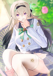 1girl absurdres black_hairband blush bow breasts checkered_bow checkered_clothes checkered_skirt closed_mouth firefly_(honkai:_star_rail) firefly_(spring_missive)_(honkai:_star_rail) green_bow grey_hair grey_skirt hair_between_eyes hair_ornament hairband hand_on_own_leg highres honkai:_star_rail honkai_(series) long_hair long_sleeves medium_breasts pink_eyes school_uniform sitting skirt smile solo thick_thighs thighhighs thighs tsushironesae white_thighhighs