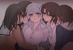 5girls bang_dream! black_hair blue_eyes blue_hair blue_hoodie blue_shirt blush clone commentary_request dress dress_shirt ear_blush hair_between_eyes hanasakigawa_school_uniform highres hood hood_down hoodie long_hair matsubara_kanon medium_hair multiple_girls multiple_persona okusawa_misaki open_mouth opi purple_eyes sailor_collar sailor_dress school_uniform shirt white_sailor_collar yuri