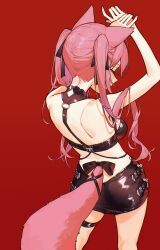 1girl absurdres animal_ears ass back bare_shoulders black_bow black_bra black_ribbon black_skirt blush bow bra braid breasts butt_crack closed_eyes commentary eyelashes fingernails from_behind hair_ribbon hakui_koyori hakui_koyori_(dark_maid) highres hololive large_breasts long_hair median_furrow nail_polish o-ring pink_hair pink_nails red_background ribbon see-through_silhouette shoulder_blades simple_background skirt solo tail thigh_strap thighs tsukino_(nakajimaseiki) twintails underwear virtual_youtuber wolf_ears wolf_girl wolf_tail