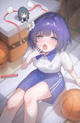 2girls :o absurdres ball bare_legs basketball_(object) blue_shorts blunt_bangs chibi chibigurumi collared_shirt commentary feet_out_of_frame gakuen_idolmaster gym_shirt gym_storeroom gym_uniform hataya_misuzu highres idolmaster indoors looking_at_viewer mole mole_under_mouth multiple_girls puff_of_air pulmo_(artist) purple_eyes purple_hair relay_baton shirt shirt_tucked_in short_hair shorts sitting tsukimura_temari vaulting_horse yawning