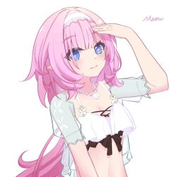1girl artist_name bikini blue_eyes blue_jacket breasts chinese_commentary cleavage commentary_request elf elysia_(honkai_impact) elysia_(miss_pink_elf)_(honkai_impact) elysia_(summer_miss_elf)_(honkai_impact) hairband highres honkai_(series) honkai_impact_3rd jacket jewelry long_hair medium_breasts meow_(miyoushe_81874508) necklace official_alternate_costume pink_hair pointy_ears see-through_clothes see-through_jacket shell shell_necklace simple_background solo stomach swimsuit upper_body white_background white_bikini white_hairband