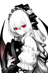 1girl artist_name bare_shoulders highres holding holding_stuffed_toy limited_palette looking_at_viewer off-shoulder_shirt off_shoulder original pointy_ears puffy_short_sleeves puffy_sleeves red_eyes sheya shirt short_sleeves signature solo spot_color stuffed_animal stuffed_rabbit stuffed_toy upper_body