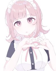 Rule 34 | 1girl, :o, black dress, blush, breasts, brown hair, danganronpa (series), danganronpa 2: goodbye despair, dress, hands up, highres, large breasts, looking at viewer, maid, maid headdress, medium hair, nanami chiaki, neck ribbon, pink eyes, pink ribbon, ribbon, rrr (0o73 rrr), short sleeves, simple background, solo, white background