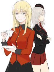 Rule 34 | 2girls, banira (oocooocooocoo), black hat, black jacket, black skirt, blonde hair, blue eyes, commentary request, crossed arms, cup, earl grey (girls und panzer), garrison cap, girls und panzer, grey hair, hat, highres, holding, holding cup, itsumi erika, jacket, kuromorimine military uniform, long hair, miniskirt, multiple girls, red jacket, red skirt, skirt, st. gloriana&#039;s military uniform, teacup