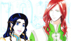Rule 34 | 2boys, black hair, blue eyes, blue hair, braid, cinemairon, collar, elf, fingon, freckles, gold, green eyes, height difference, long hair, looking at another, maedhros, male focus, multiple boys, nostrils, open mouth, parted bangs, pointy ears, prince, red hair, teeth, the silmarillion, tolkien&#039;s legendarium, tongue, upper body, upper teeth only