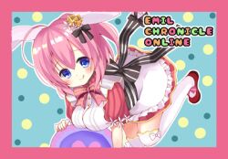 Rule 34 | 1girl, animal ears, apron, black ribbon, blue eyes, crown, emil chronicle online, hamico, licking lips, looking at viewer, lowres, maid apron, minnie doe alma, pink hair, ponytail, rabbit ears, rabbit girl, red ribbon, ribbon, thighhighs, tongue, tongue out, white thighhighs