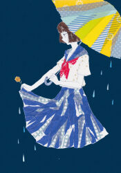 1girl 922pochan absurdres aqua_umbrella blue_background blue_sailor_collar blue_skirt blunt_ends brown_hair commentary flower from_side highres holding holding_flower holding_umbrella looking_at_object masking_tape_(medium) mixed_media neckerchief original profile red_neckerchief sailor_collar school_uniform serafuku shirt short_hair short_sleeves simple_background skirt skirt_hold solo traditional_media umbrella unconventional_media water_drop white_shirt yellow_umbrella