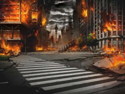 Rule 34 | artist request, building, bush, cityscape, cloud, cloudy sky, crack, crosswalk, day, fire, game cg, lamppost, magia record: mahou shoujo madoka magica gaiden, mahou shoujo madoka magica, no humans, official art, outdoors, radio tower, road, ruins, scenery, sidewalk, sky, skyscraper, storm, street
