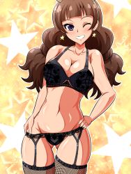 Rule 34 | 1girl, amanogawa kirara, aokura shou, black bra, black panties, black thighhighs, blush, bra, breasts, brown hair, cleavage, earrings, female focus, fishnet thighhighs, fishnets, garter belt, garter straps, grin, hand on own hip, highres, jewelry, lingerie, long hair, looking at viewer, one eye closed, panties, precure, purple eyes, shiny skin, smile, solo, star (symbol), thigh gap, thighhighs, twintails, underwear, wink, yellow background