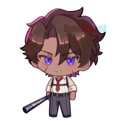 Rule 34 | 1boy, baseball bat, black pants, brown hair, chibi, collared shirt, dark-skinned male, dark skin, full body, funnibunni, heathcliff (project moon), highres, holding, holding baseball bat, limbus company, long sleeves, looking at viewer, male focus, necktie, pants, project moon, purple eyes, red necktie, scar, shirt, short hair, simple background, solo, standing, white background, white shirt