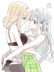 2girls arrow_(symbol) bang_dream! bang_dream!_it&#039;s_mygo!!!!! black_bra black_panties black_pantyhose black_ribbon blonde_hair blue_hair blush bra breasts ccc_cloudy closed_mouth commentary_request green_skirt hair_ribbon hanasakigawa_school_uniform hand_on_another&#039;s_ass haneoka_school_uniform highres large_breasts long_hair looking_at_another looking_at_breasts medium_breasts medium_hair misumi_uika multiple_girls no_shirt open_mouth panties pantyhose parted_lips pleated_skirt purple_eyes ribbon school_uniform simple_background skirt small_breasts speech_bubble thought_bubble togawa_sakiko two_side_up underwear white_background white_bra white_skirt yellow_eyes yuri