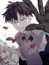 Rule 34 | 1boy, black gloves, black hair, blood, blood in hair, gloves, hair between eyes, highres, jacket, kaijuu no. 8, kkijeok, long sleeves, looking at viewer, male focus, multicolored hair, narumi gen, pink eyes, short hair, simple background, solo, two-tone hair, upper body, white background, white hair