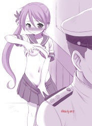 1boy 1girl admiral_(kancolle) akebono_(kancolle) bell blush bra bra_lift breasts clothes_pull ebifly exhibitionism groin hair_bell hair_between_eyes hair_ornament hat indoors jingle_bell kantai_collection lifting_own_clothes long_hair looking_at_another military military_hat military_uniform monochrome navel nipples nose_blush one_breast_out panties panty_pull parted_lips pleated_skirt public_indecency pulling_own_clothes sailor_collar school_uniform serafuku shirt short_sleeves side_ponytail skirt skirt_pull small_breasts standing sweat sweatdrop twitter_username underwear very_long_hair