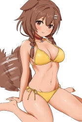 1girl :3 alternate_costume animal_collar animal_ears barefoot bikini blush bone_hair_ornament braid brown_eyes collar commentary_request dog_ears dog_girl dog_tail facing_viewer hair_ornament highres hololive inugami_korone legs_apart looking_at_viewer motion_lines navel oddairport short_hair side-tie_bikini_bottom simple_background sitting solo swimsuit tail tail_wagging thighs twin_braids wariza white_background yellow_bikini