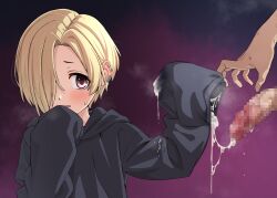 1boy 1girl after_handjob bags_under_eyes black_hoodie blonde_hair blush censored cum cum_in_clothes cum_on_clothes cum_string cum_through_clothes ear_piercing earrings hair_over_one_eye hetero hood hood_down hoodie idolmaster idolmaster_cinderella_girls jewelry loli loliconder long_sleeves mosaic_censoring open_mouth penis piercing red_eyes shirasaka_koume short_hair sleevejob sleeves_past_fingers sleeves_past_wrists solo_focus sweat
