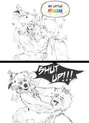 Rule 34 | 1boy, 1girl, blush, bow, bowtie, camila (vtuber), carrying, carrying person, carrying under arm, demon girl, eye contact, face-to-face, facial mark, hand on another&#039;s cheek, hand on another&#039;s face, heart, heart facial mark, highres, indie virtual youtuber, lifting person, looking at another, otjareniy, pointy ears, short hair, size difference, tail, two side up, vedal987, vedal ai, virtual youtuber