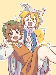 Rule 34 | 2girls, :d, animal ears, blonde hair, bloomers, blue tabard, bow, bowtie, breasts, brown background, brown eyes, brown hair, carrying, cat ears, chen, commentary request, double v, dress, feet out of frame, fingernails, flat chest, fox tail, green headwear, happy, hat, highres, knees together feet apart, konna reshiki, long sleeves, looking at viewer, mob cap, multiple girls, multiple tails, open mouth, outline, princess carry, puffy long sleeves, puffy sleeves, red dress, short hair, simple background, small breasts, smile, tabard, tail, touhou, underwear, v, white bow, white bowtie, white headwear, white outline, wide sleeves, yakumo ran, yellow eyes