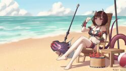 Rule 34 | + +, 1girl, absurdres, artist name, axe, bare shoulders, beach, bikini, black hair, breasts, broken horn, chair, choker, cleavage, cloud, collarbone, crossed legs, dated, day, demon horns, eriko (princess connect!), eriko (summer) (princess connect!), heart, heart choker, highres, horns, large breasts, multi-strapped bikini top, multicolored bikini, o-ring, o-ring bikini, o-ring top, ocean, outdoors, princess connect!, purple eyes, purple tail, ruinone, short hair, sitting, spiked tail, swimsuit, tail, thigh strap, two-tone bikini