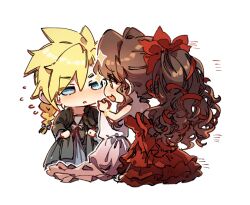1boy 1girl :3 aerith_gainsborough aerith_gainsborough_(red_dress) bare_shoulders blonde_hair blue_eyes blush braid brown_hair chibi clenched_hands cloud_strife cloud_strife_(black_dress) crossdressing curly_hair dress final_fantasy final_fantasy_vii final_fantasy_vii_remake flamenco_dress frilled_dress frills full_body grey_dress hair_between_eyes hair_ribbon holding holding_unworn_clothes holding_unworn_dress kieta long_dress looking_at_another official_alternate_costume parted_bangs ponytail red_dress red_ribbon ribbon spiked_hair strapless strapless_dress sweatdrop transparent_background twin_braids wall_market