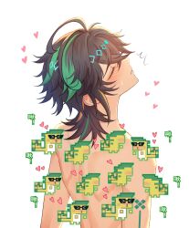 Rule 34 | 1boy, absurdres, ajaw (genshin impact), black hair, blush, closed eyes, erzplubdduik93g, genshin impact, green hair, hair between eyes, heart, highres, kinich (genshin impact), male focus, multicolored hair, short hair, solo, topless male, white background