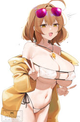 Rule 34 | 1girl, ahoge, anis (nikke), anis (sparkling summer) (nikke), aviator sunglasses, bare shoulders, bikini, blush, breasts, brown hair, cleavage, eyepatch bikini, eyewear on head, goddess of victory: nikke, highres, jacket, jewelry, kebohan, large breasts, looking at viewer, navel, necklace, official alternate costume, open mouth, pink-tinted eyewear, purple-tinted eyewear, short hair, simple background, smile, solo, star (symbol), star necklace, sunglasses, swimsuit, tinted eyewear, white background, white bikini, yellow jacket