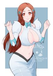 1girl bleach bleach:_sennen_kessen-hen breasts cleavage cleavage_cutout clothing_cutout detached_sleeves hair_ornament inoue_orihime large_breasts long_hair orange_hair simple_background tagme