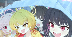 4girls absurdres after-school_sweets_club_(blue_archive) airi_(band)_(blue_archive) airi_(blue_archive) black_mask blonde_hair blue_archive blush brown_hair closed_eyes garados_(limmjiiiminnn99) hair_ribbon highres jacket kazusa_(band)_(blue_archive) kazusa_(blue_archive) low_twintails multicolored_hair multiple_girls natsu_(band)_(blue_archive) natsu_(blue_archive) official_alternate_costume official_alternate_hairstyle open_mouth pink_eyes pink_hair red_jacker red_ribbon ribbon shirt twintails two-tone_hair upper_body white_shirt yellow_eyes yellow_jacket yoshimi_(band)_(blue_archive) yoshimi_(blue_archive)