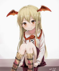 10s 1girl arm_support artist_name black_skirt blonde_hair blouse boots closed_mouth convenient_leg dated female_focus granblue_fantasy head_wings highres long_hair long_sleeves looking_at_viewer pointy_ears red_eyes shadowverse shingeki_no_bahamut shirt signature sitting skirt smile solo vampire vampy wan_(calvin840203) white_background white_shirt wings