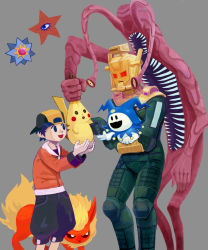 00s 1boy 27_degrees :d alternate_color alternate_costume atlus crossover decarabia demonica ethan_(pokemon) flareon gen_1_pokemon glowing glowing_eyes hat jack_frost_(megami_tensei) mask nintendo open_mouth pikachu pisaca_(megami_tensei) pokemon pokemon_(creature) pokemon_hgss protagonist_(shin_megami_tensei_strange_journey) shin_megami_tensei shin_megami_tensei:_strange_journey smile starmie tadano_hitonari
