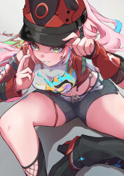 1girl absurdres asymmetrical_sleeves belt black_hat black_shorts black_visor blue_hair blue_streaks boots breasts bridal_gauntlets crop_top enomura_aoumi fishnet_bridal_gauntlets fishnet_top fishnets graffiti green_eyes hat horned_hat high_heel_boots high_heels highres honkai:_star_rail honkai_(series) horned_hat jacket long_hair looking_at_viewer medium_breasts midriff navel pink_hair ponytail rappa_(honkai:_star_rail) red_arm_warmers red_jacket shirt shorts single_sleeve_past_wrist smile thighs tied_shirt uneven_sleeves very_long_hair white_belt white_shirt wrist_belt