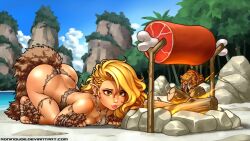 1girl arm_warmers armlet ass blonde_hair boned_meat breasts campfire cave_elf_(ronindude) cleavage cloud cooking elf food forest jewelry long_hair meat medium_breasts nature original pointy_ears rock ronindude sabertooth_cat sky tail tiger tribal water yellow_eyes
